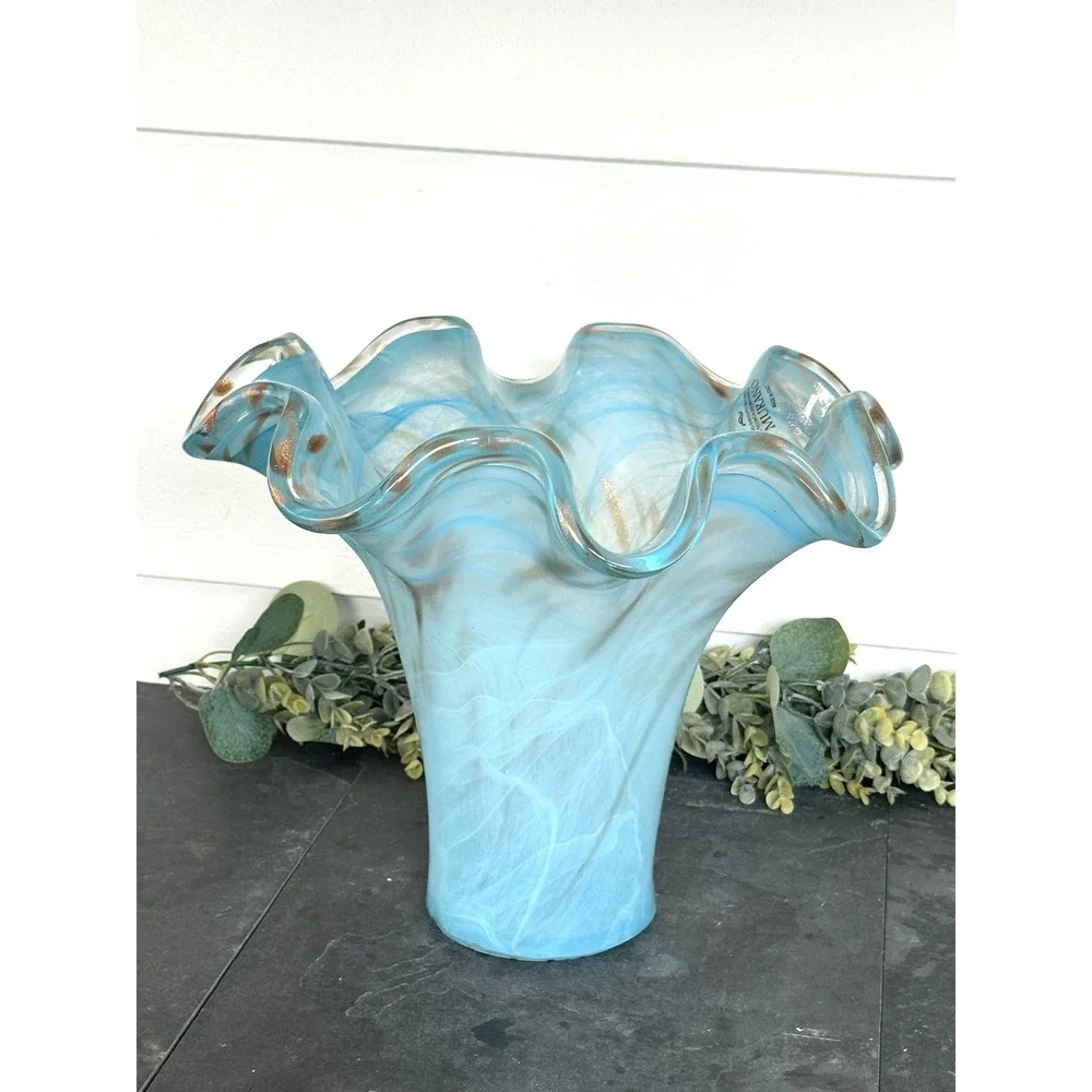 Blue Murano Art Blown Glass Vase Handkerchief Italian white Gold Swirl 11 x 14